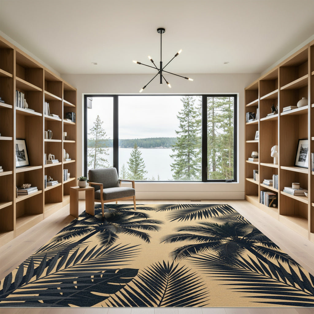 Dark Tropical Palm Leaf Silhouette Rug
