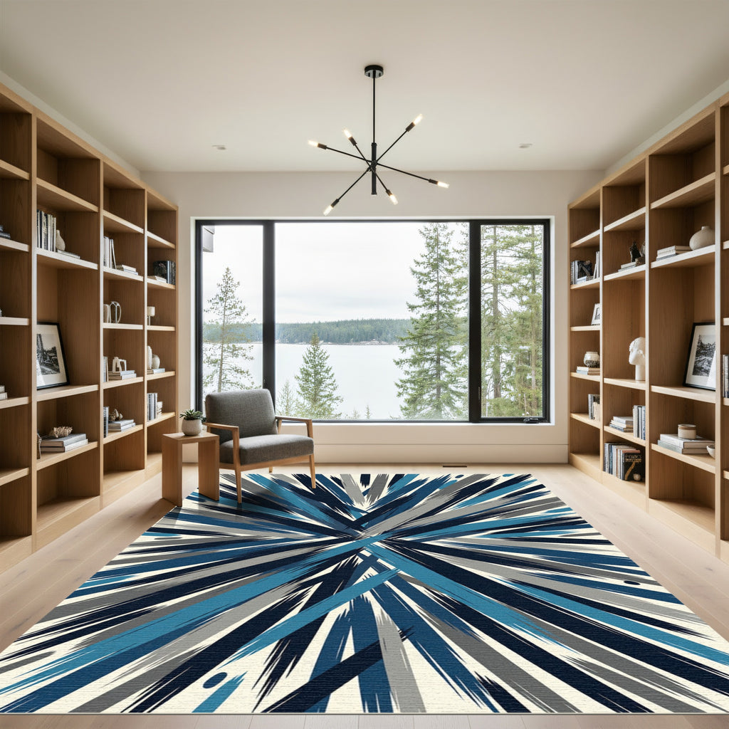 Deep Blue Gray Brushstroke Burst Rug