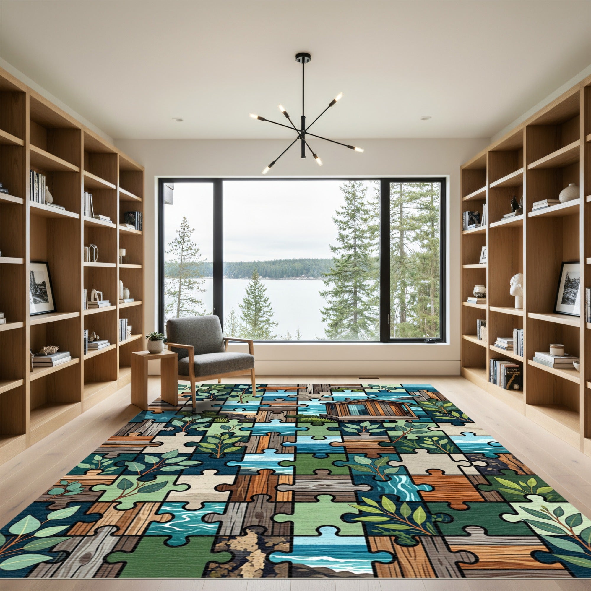 Coastal Cabin Puzzle Botanical Decor Rug