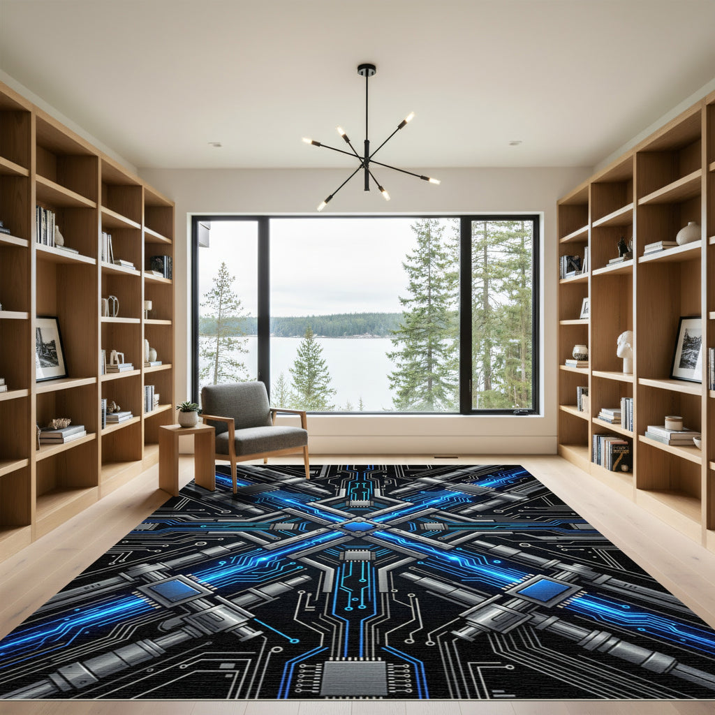 Cybernetic Circuitry Blue Metal Symmetry Rug
