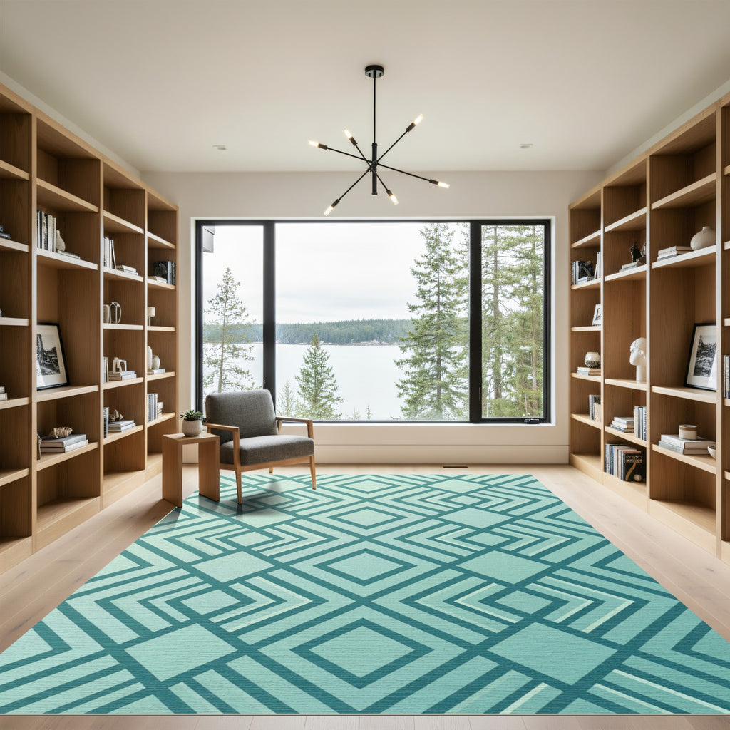 Modern Teal Geometric Diamond Grid Rug