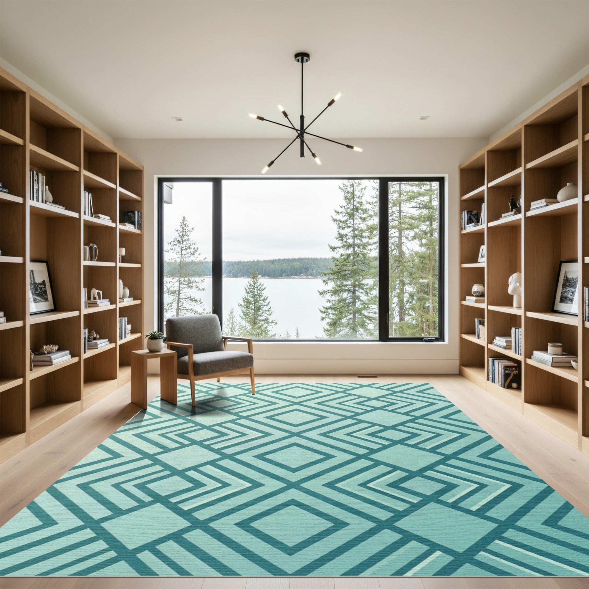 Modern Teal Geometric Diamond Grid Rug