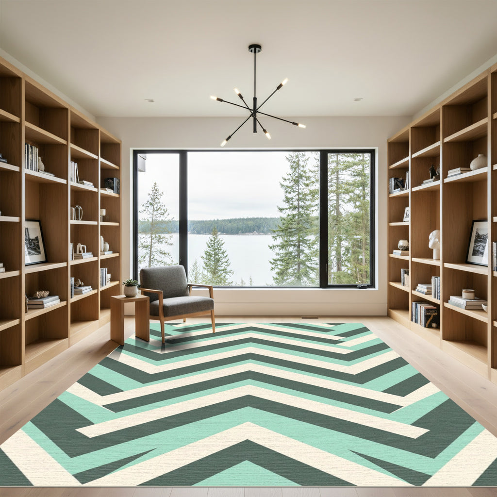 Modern Mint and Charcoal Chevron Stripe Rug