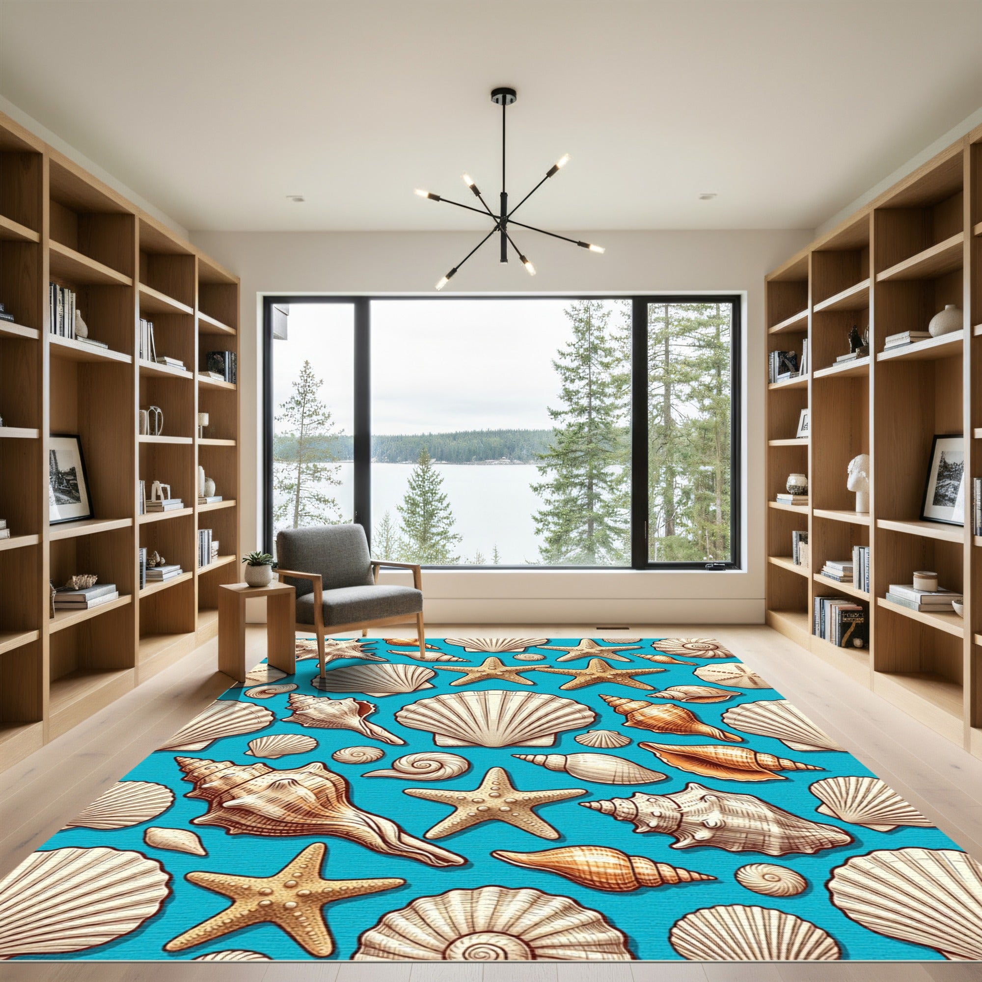 Coastal Seashell Starfish Cyan Background Rug