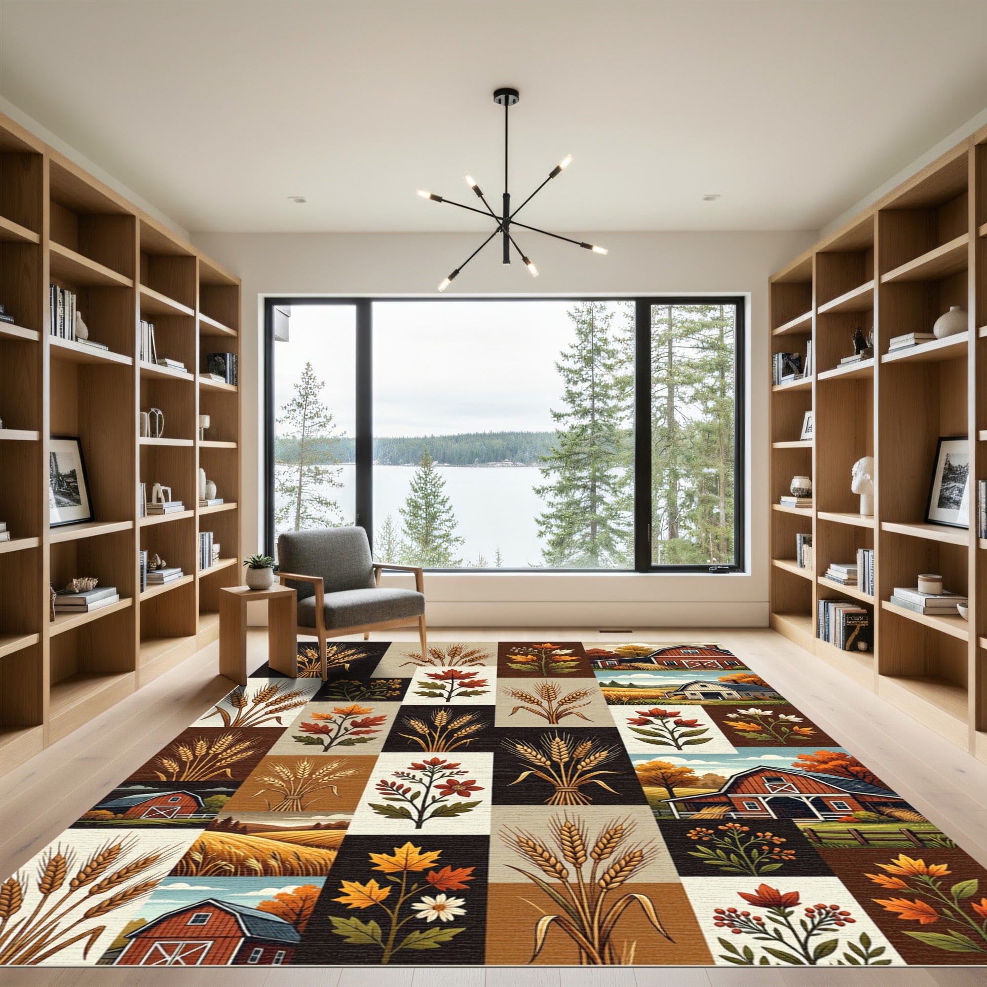 Autumn Harvest Wheat and Barn Quilt Rug