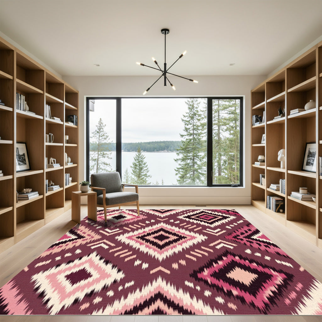Bold Burgundy Ikat Diamond Geometric Rug