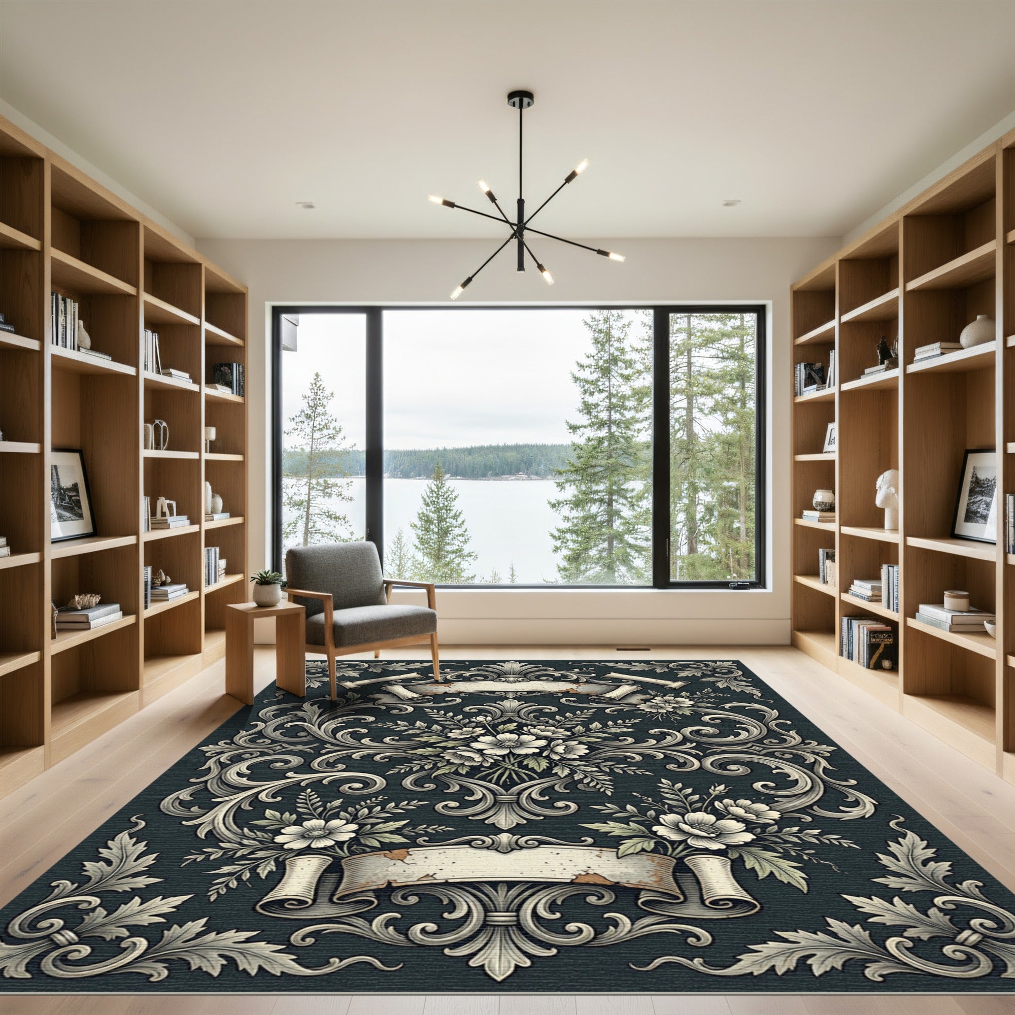 Dark Slate Floral Baroque Scroll Rug