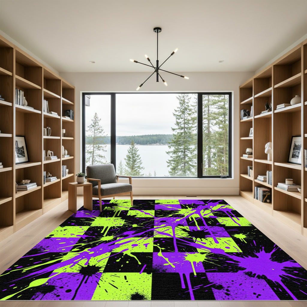 Neon Green and Purple Checkered Splatter Rug