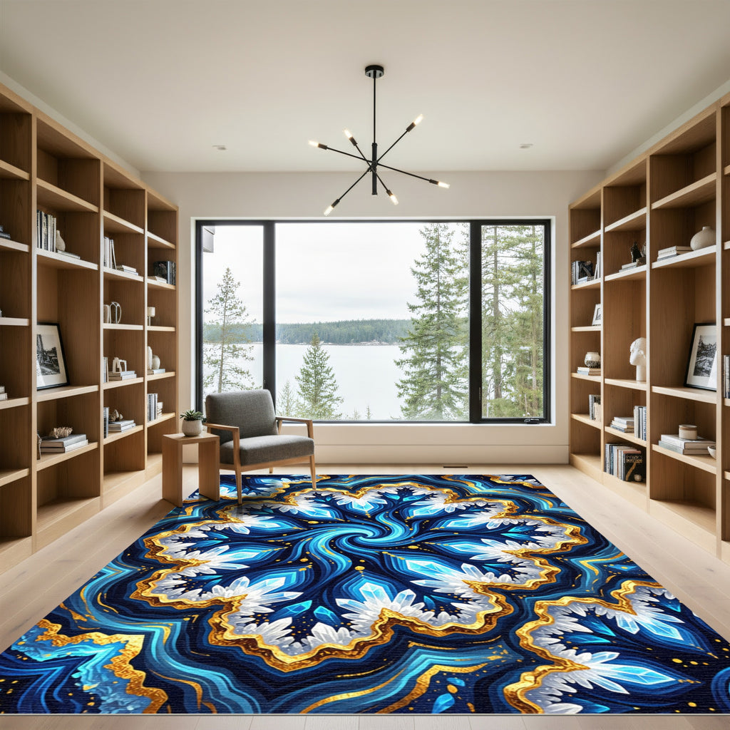 Deep Blue Crystal Geode Abstraction Rug