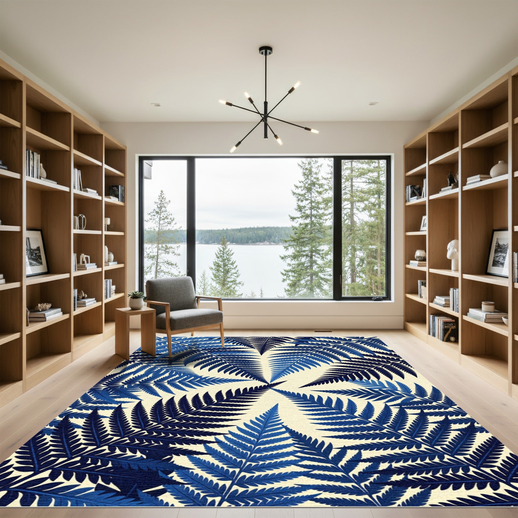 Deep Blue Fern Frond Radiating Rug