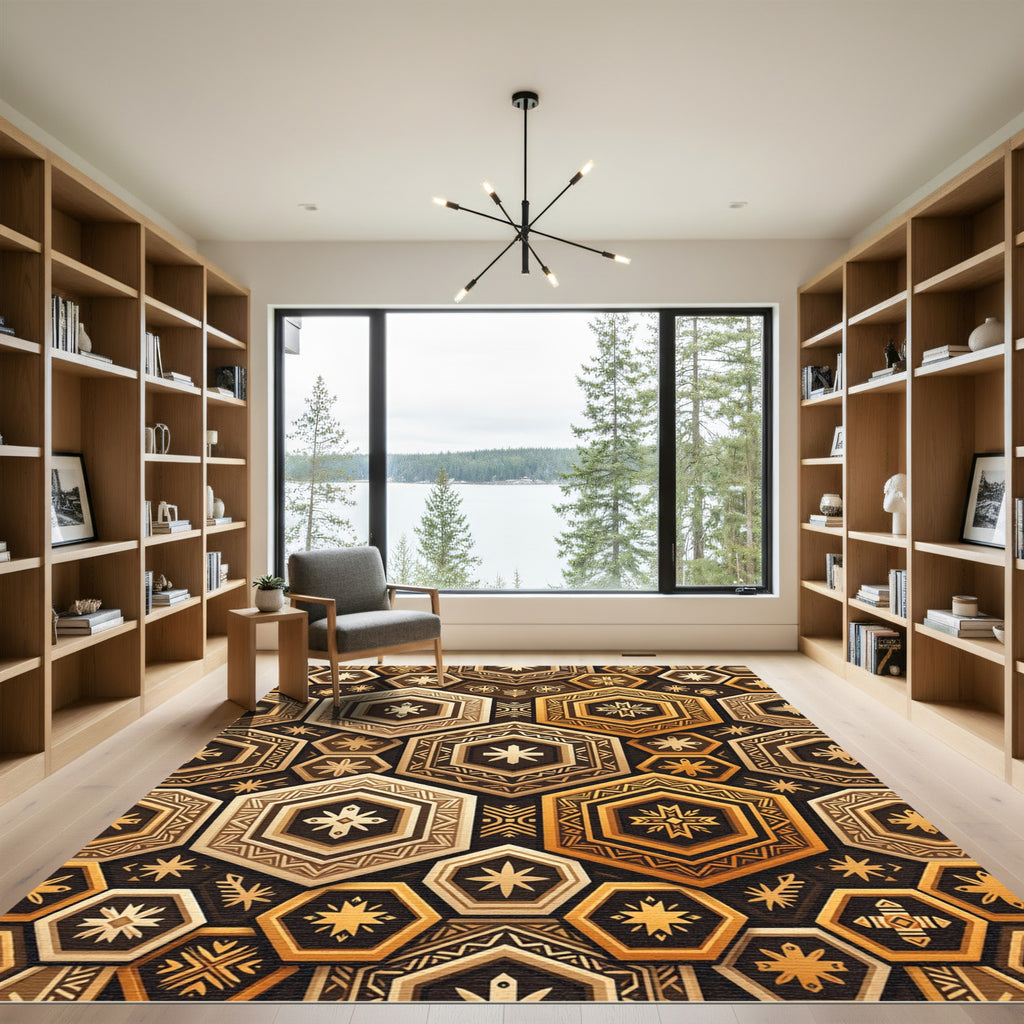 Golden Hexagon Geometric Earthy Mosaic Rug