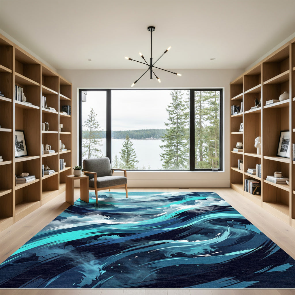Dynamic Teal And Blue Ocean Swirls Rug