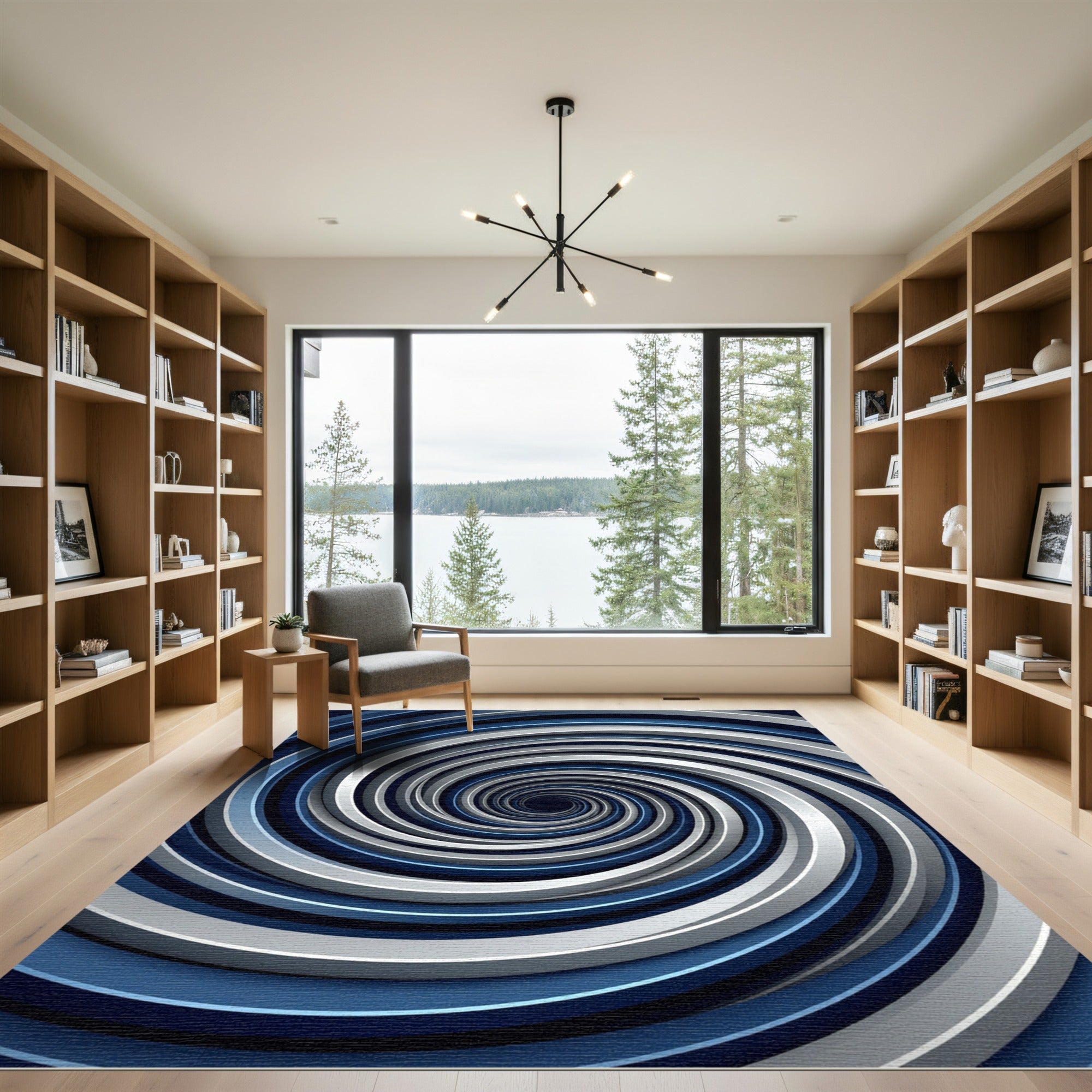 Modern Navy and Silver Spiral Vortex Rug