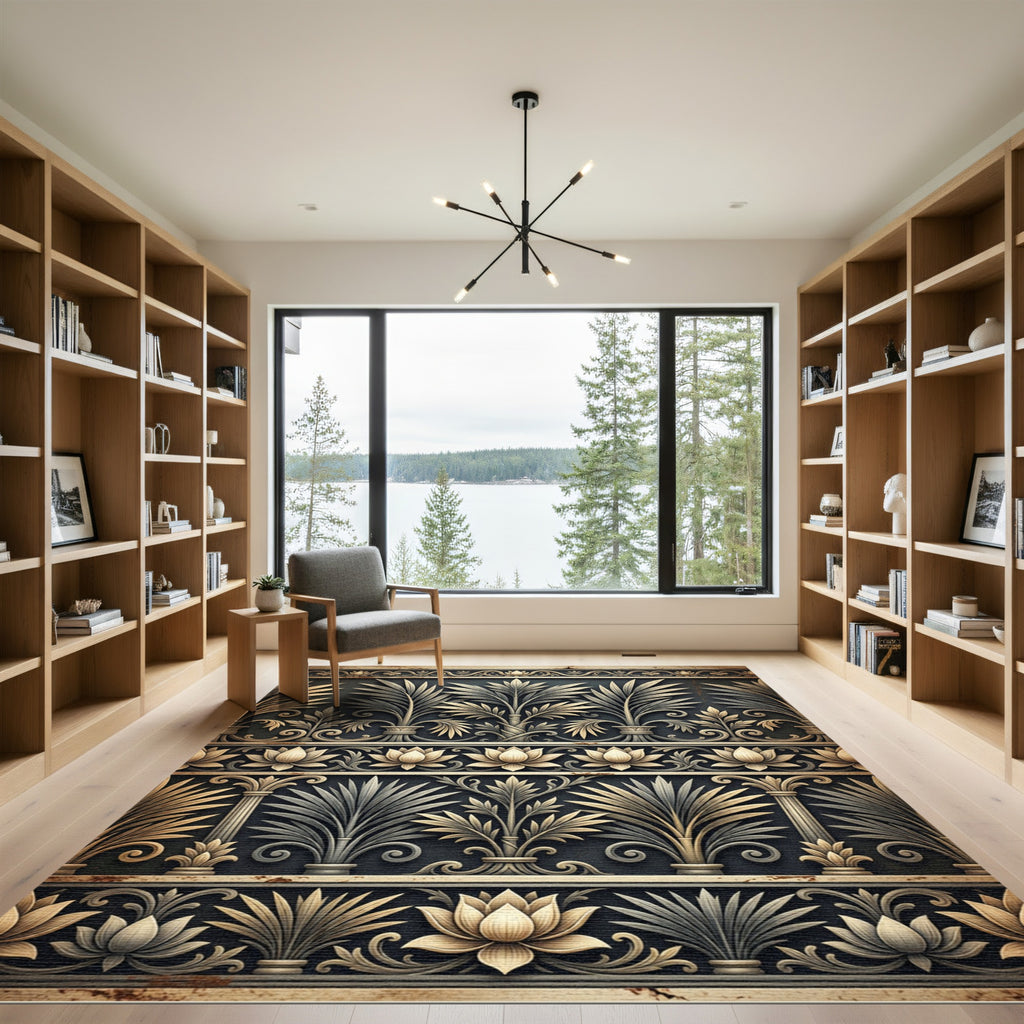 Elegant Gold Gray Lotus Palm Border Rug