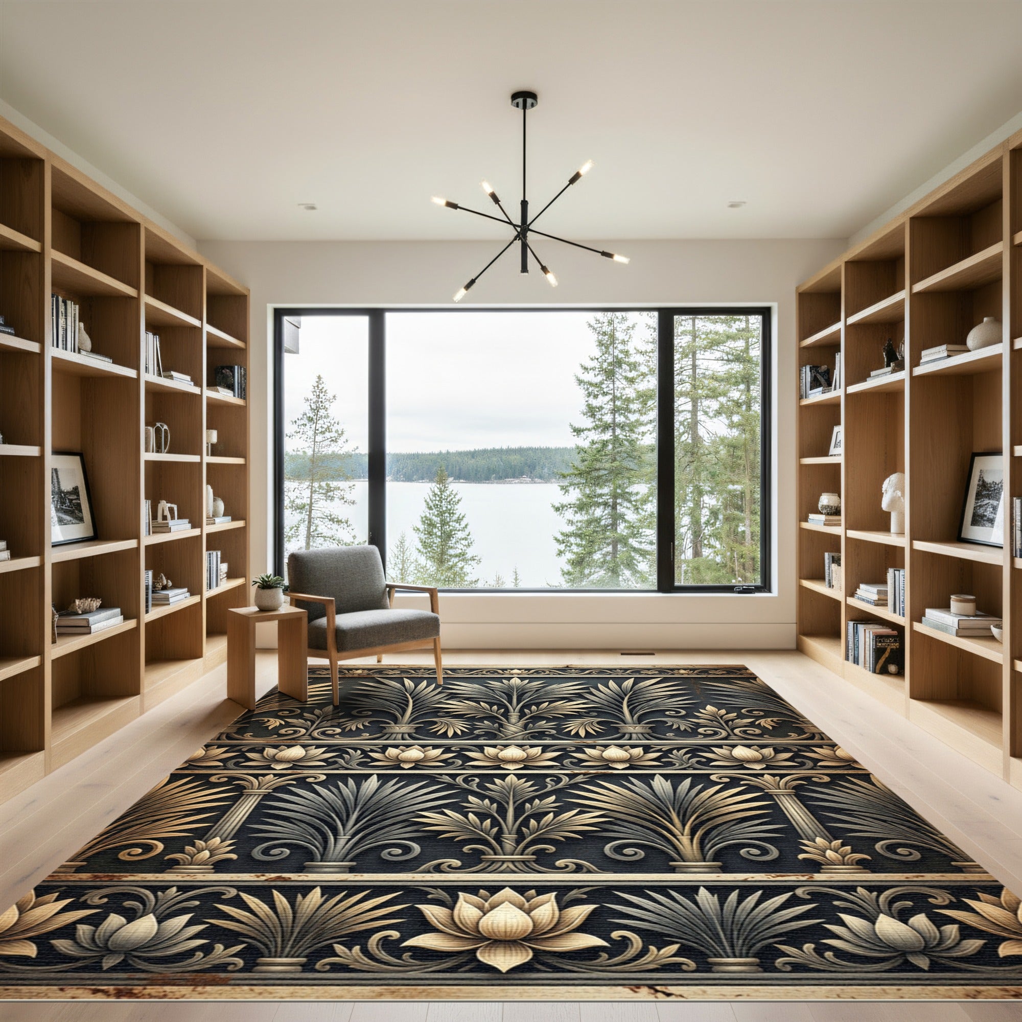Elegant Gold Gray Lotus Palm Border Rug