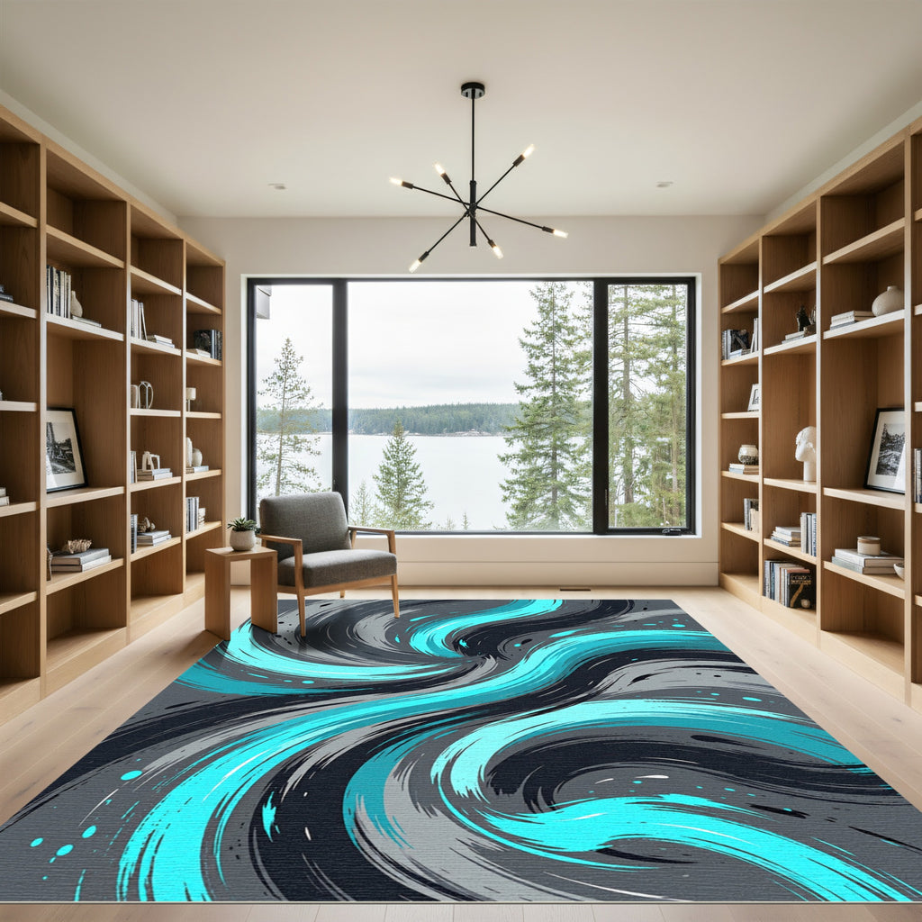 Aqua Swirl Brushstrokes on Gray Rug