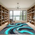 Aqua Swirl Brushstrokes on Gray Rug