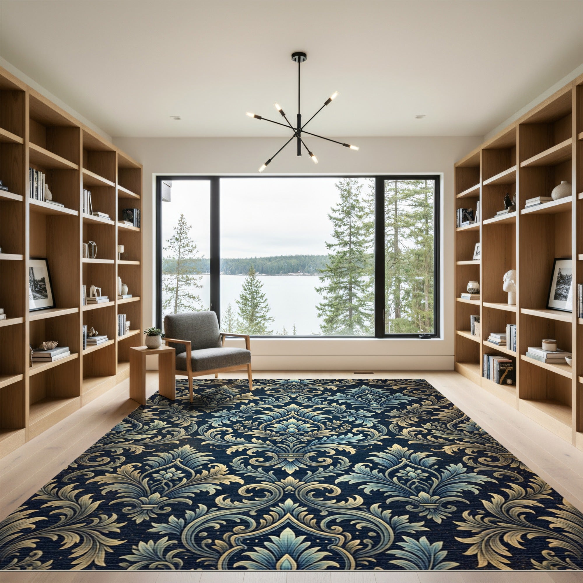 Deep Blue Golden Floral Damask Rug