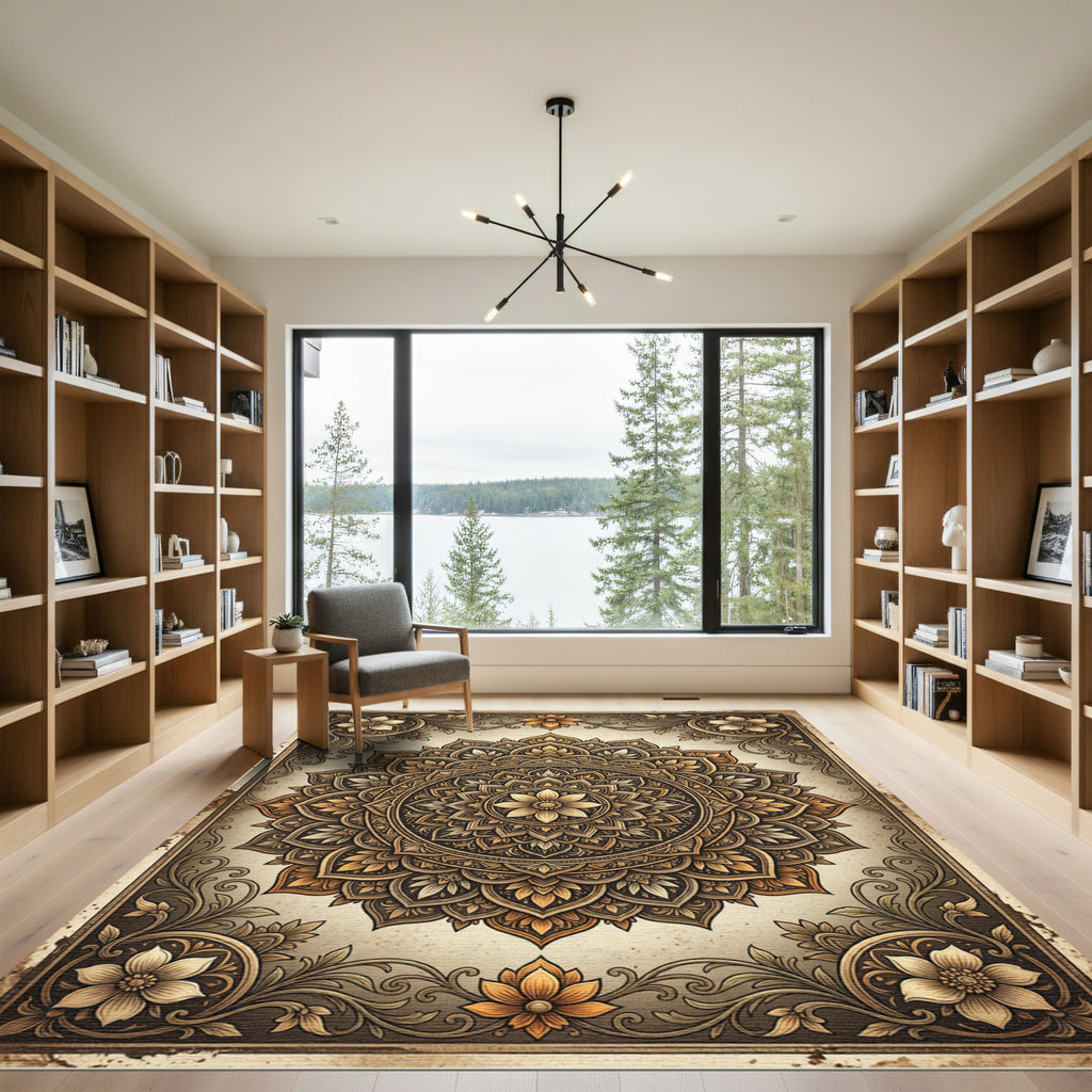 Elegant Golden Mandala Floral Medallion Rug