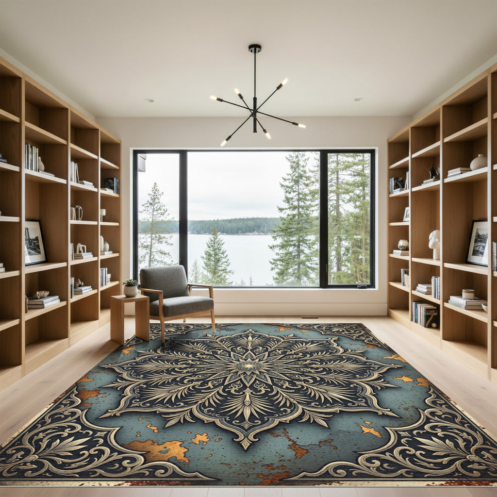Antique Teal Gold Medallion Frame Rug
