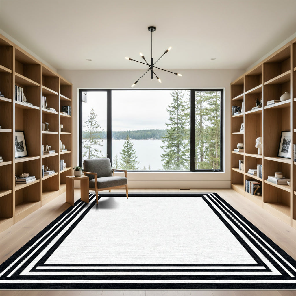 Minimalist Black White Geometric Border Rug