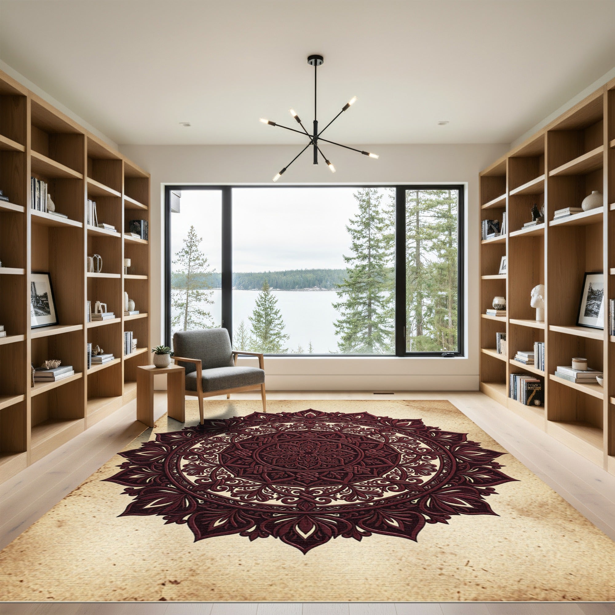 Ornate Deep Crimson Floral Mandala Rug