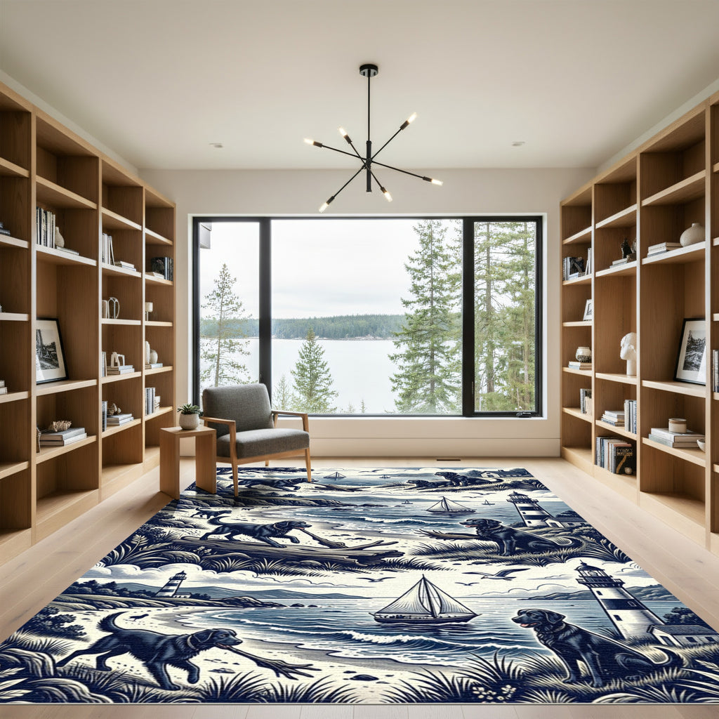 Coastal Black Labrador Sailor Etching Illustration Rug