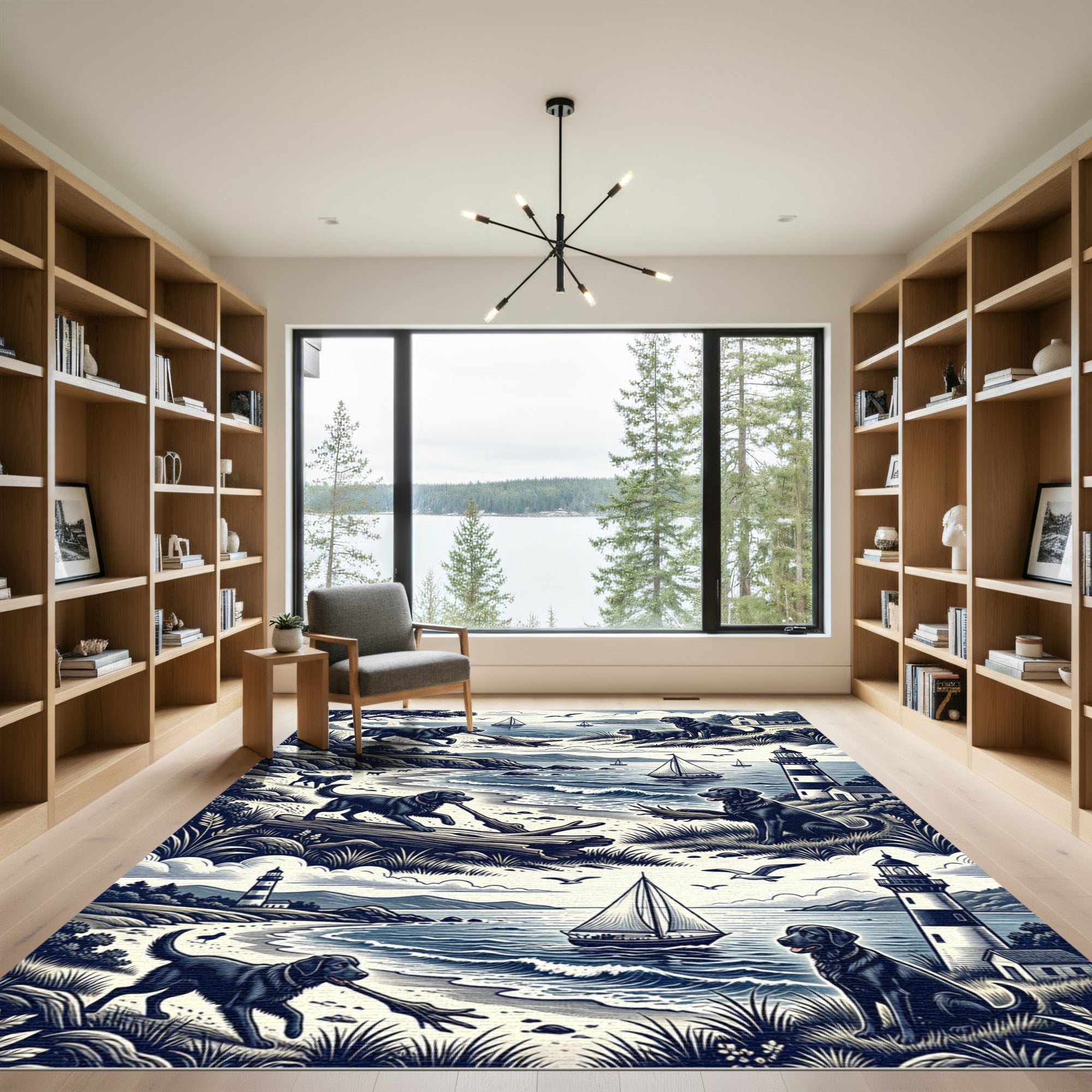 Coastal Black Labrador Sailor Etching Illustration Rug