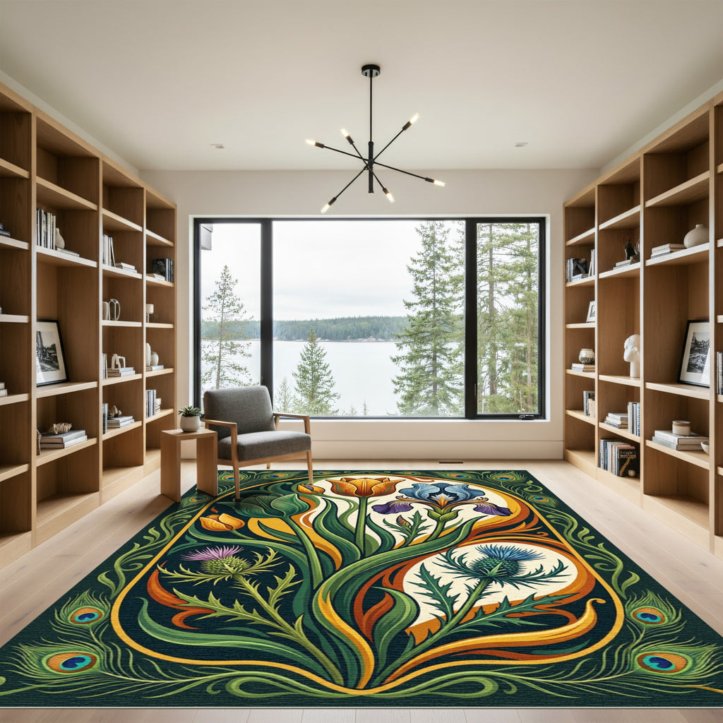 Emerald Peacock Floral Thistle Art Nouveau Rug