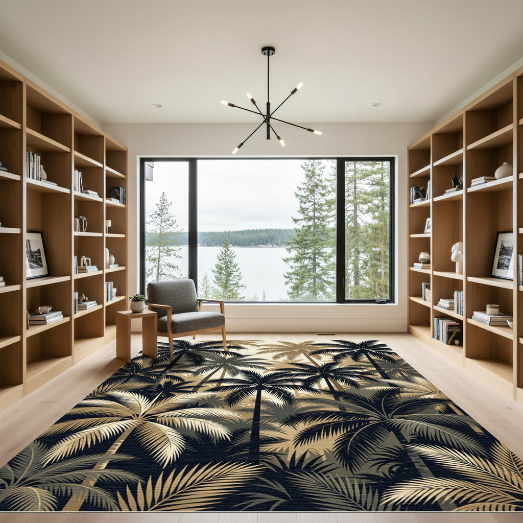 Elegant Palm Forest Gold Black Art Rug
