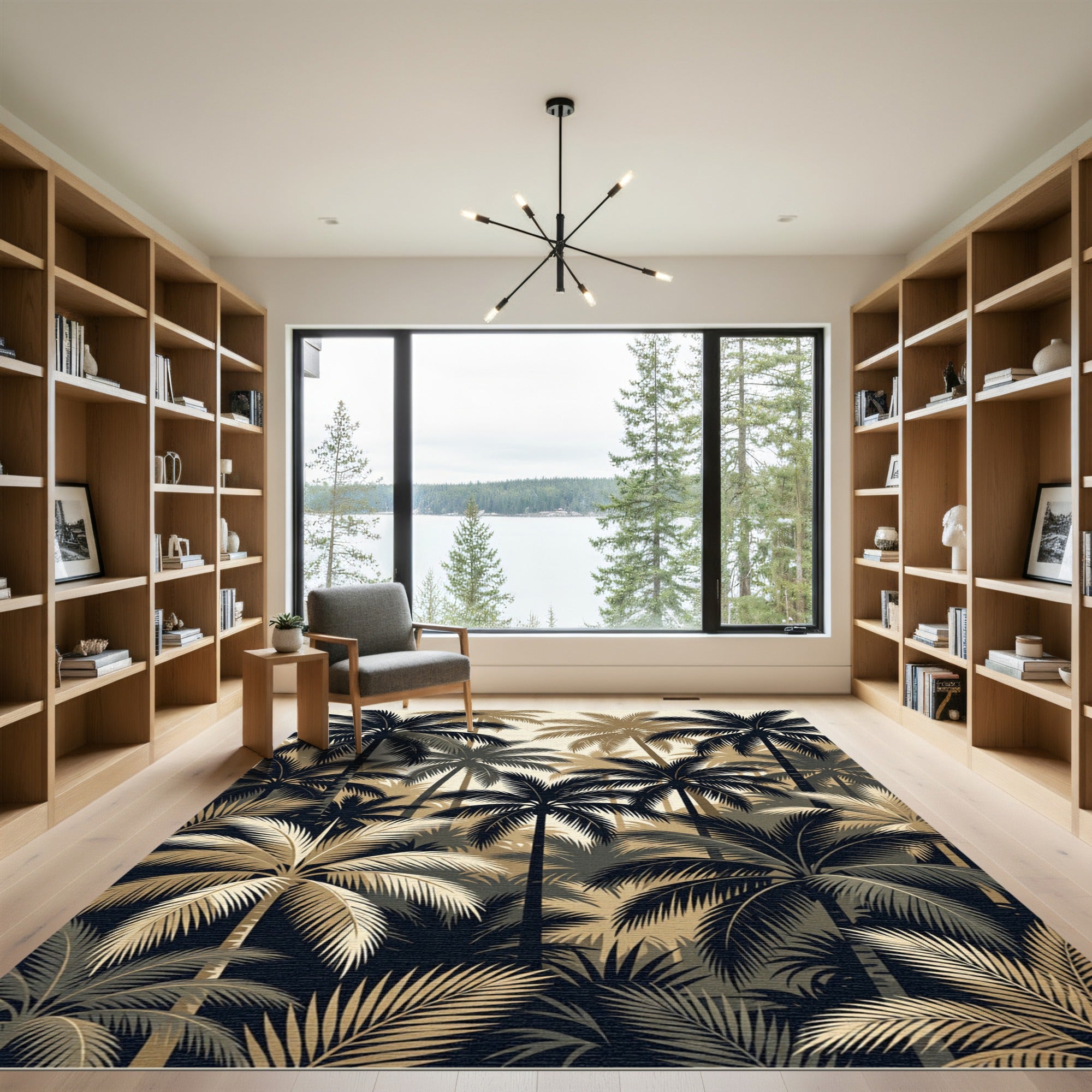 Elegant Palm Forest Gold Black Art Rug