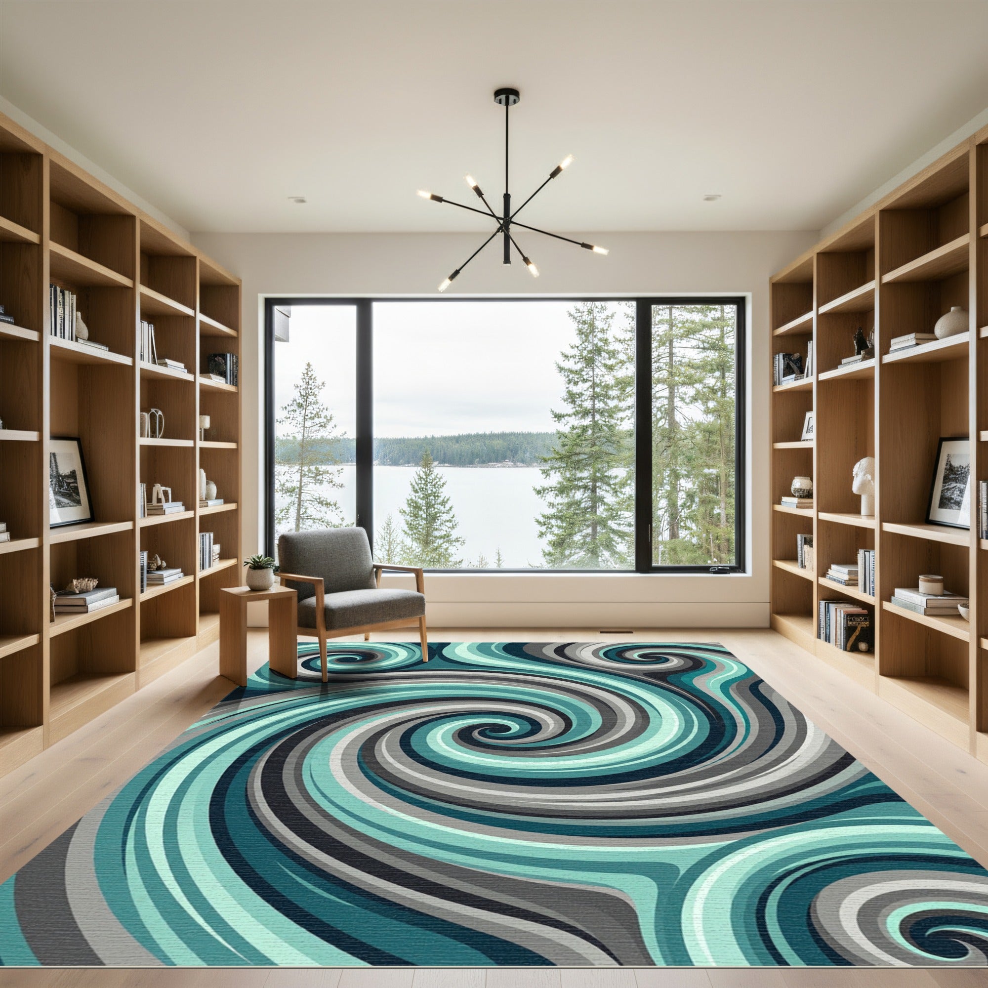 Abstract Teal and Grey Swirl Vortex Rug