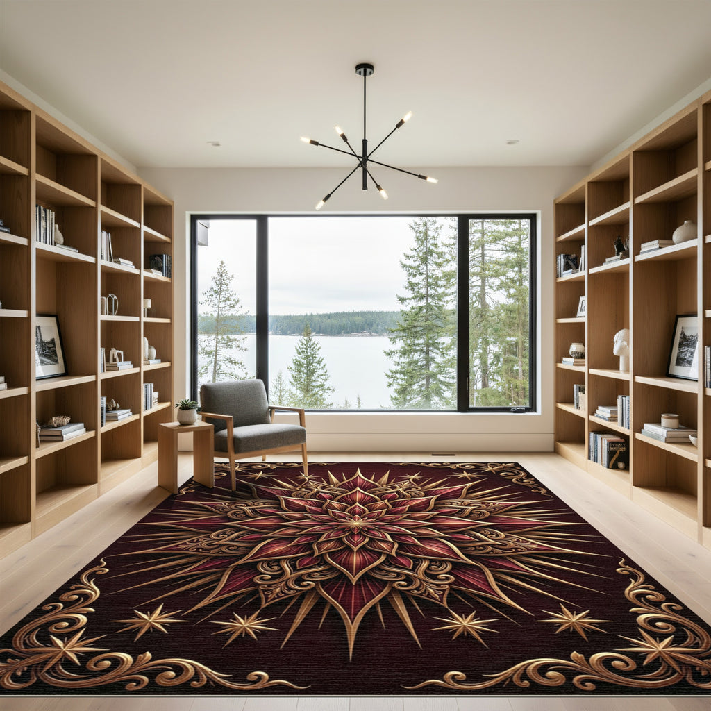 Regal Crimson Gold Starburst Mandala Rug