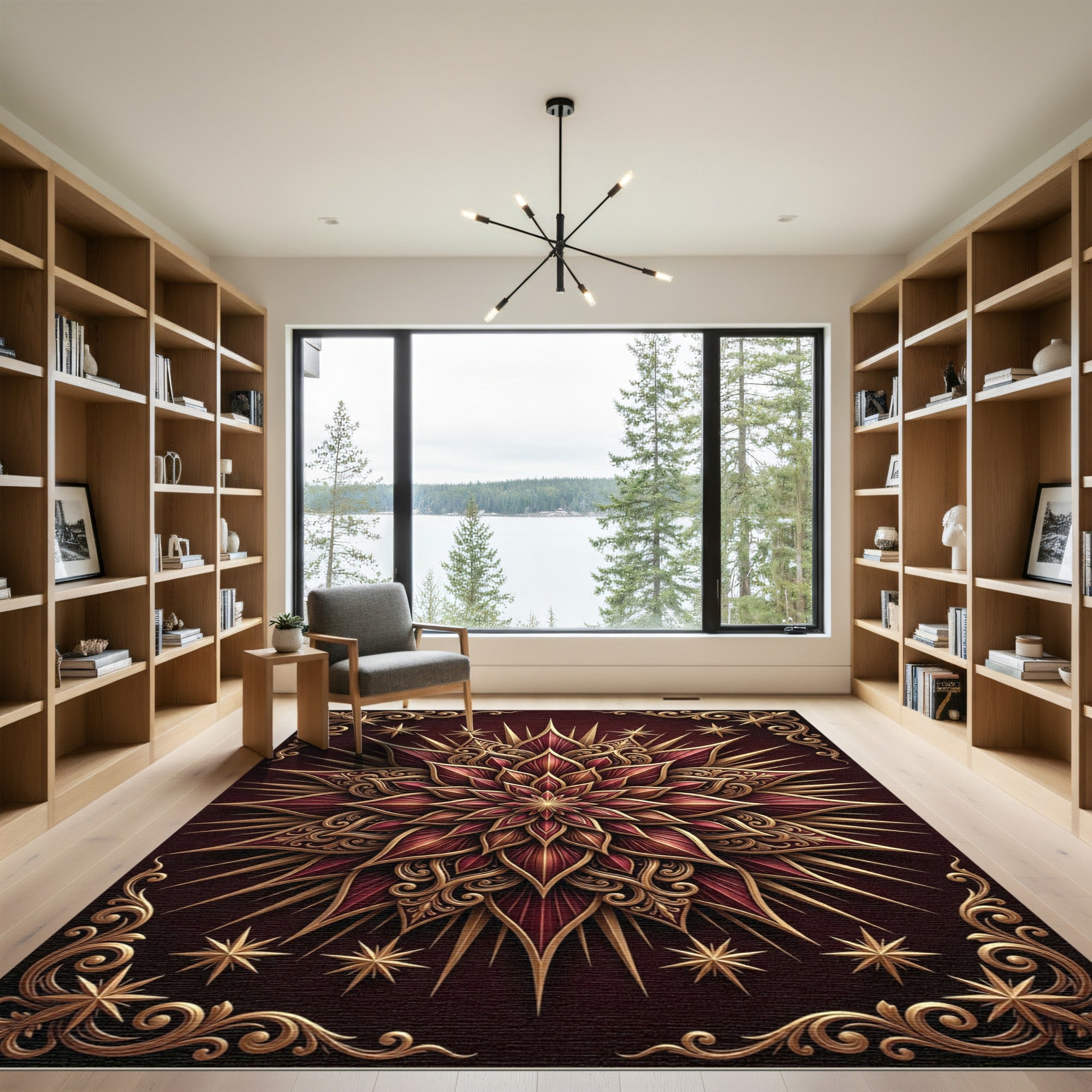 Regal Crimson Gold Starburst Mandala Rug