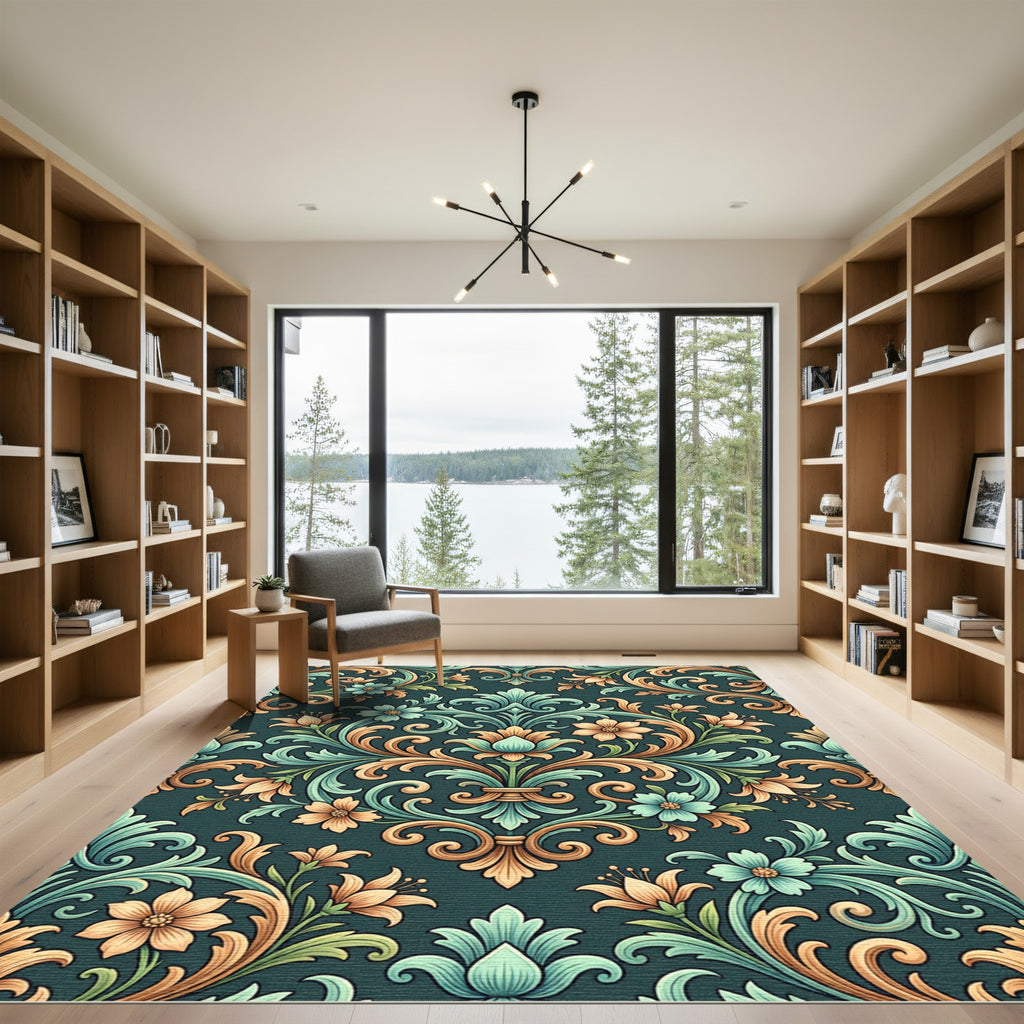 Elegant Teal and Gold Floral Damask Rug