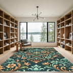 Elegant Teal and Gold Floral Damask Rug