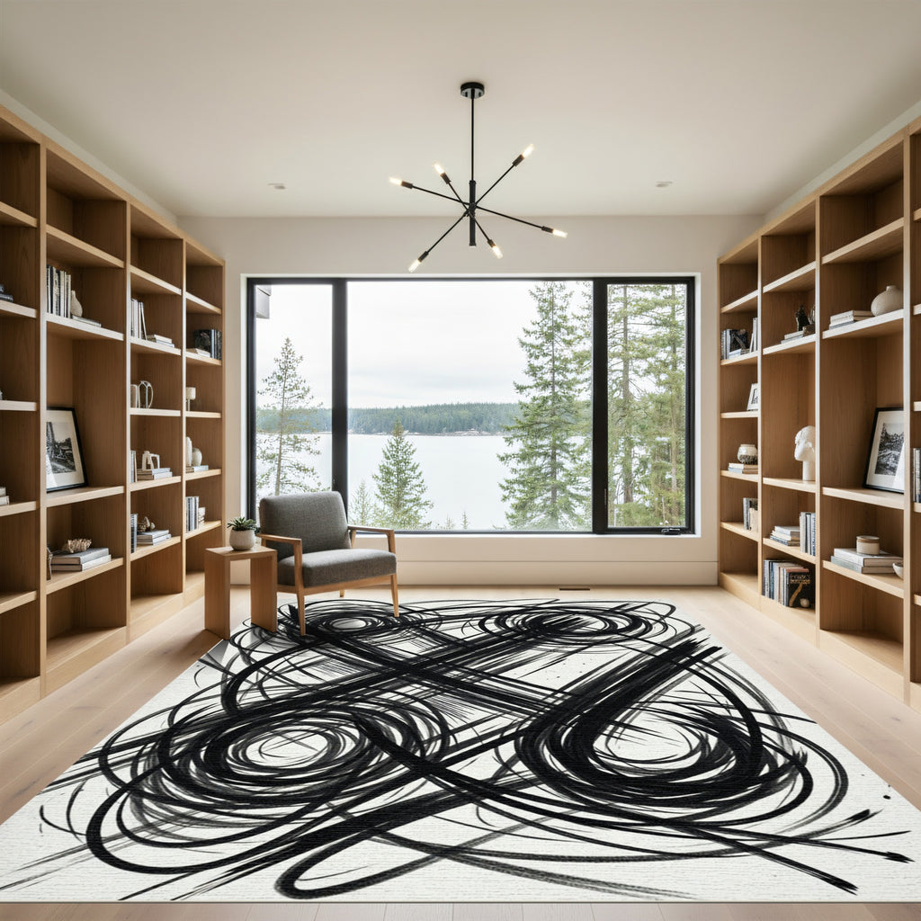 Monochrome Abstract Swirl Brushstroke Rug