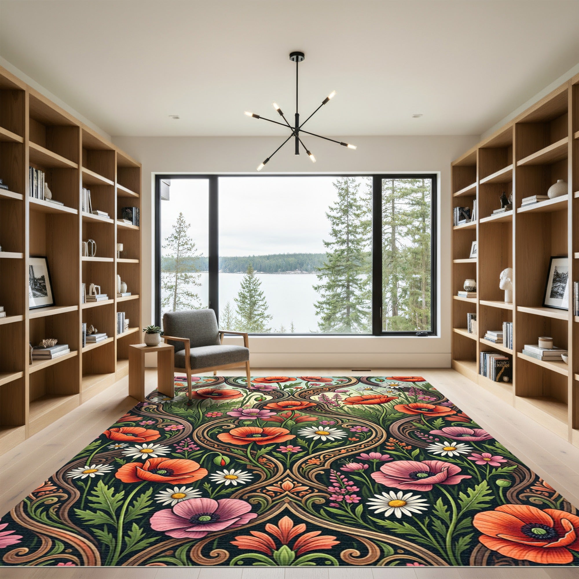 Ornate Poppy And Daisy Floral Scroll Rug