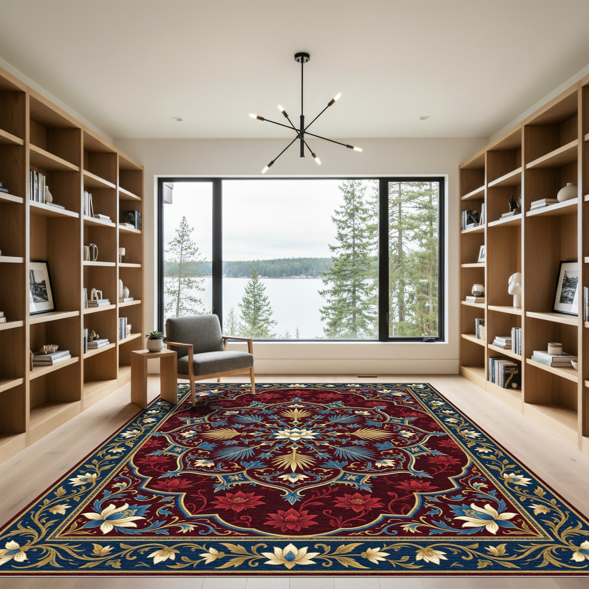Rich Crimson Floral Medallion With Blue Rug