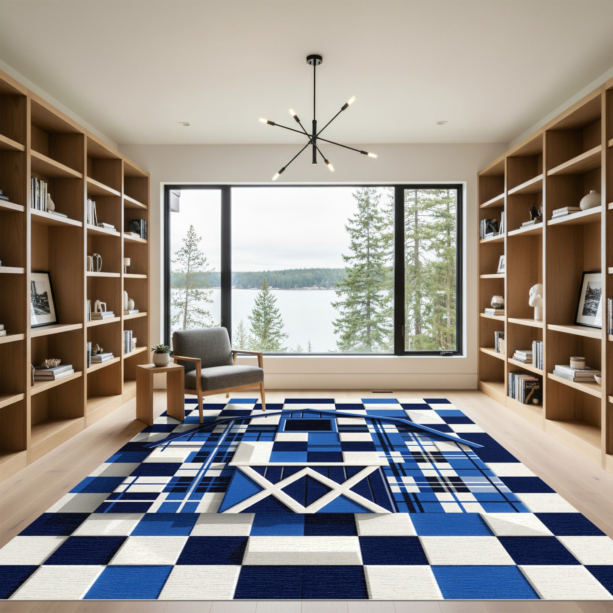 Modern Blue Plaid Checkered Barn Rug