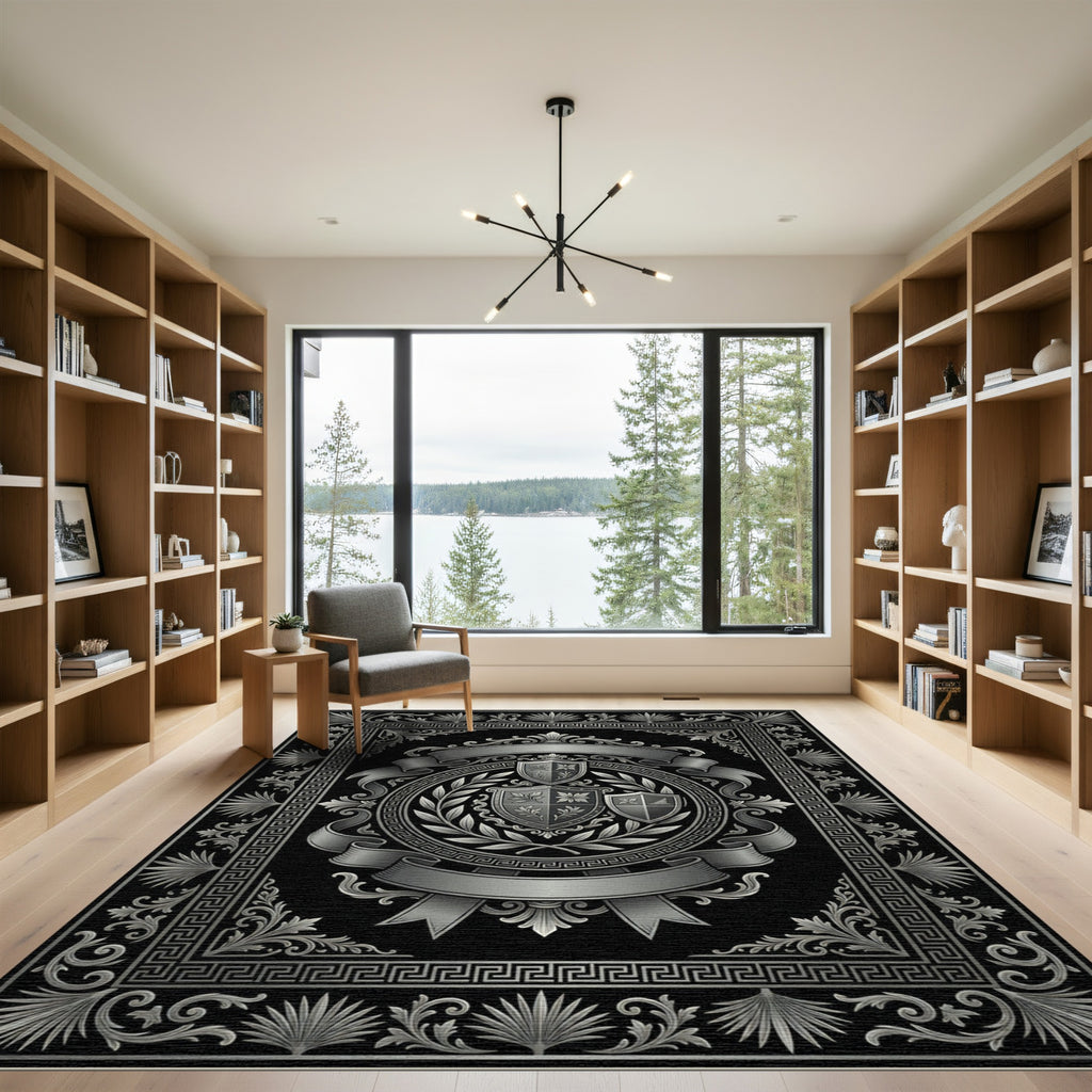 Ornate Silver Crest Laurel Wreath Rug