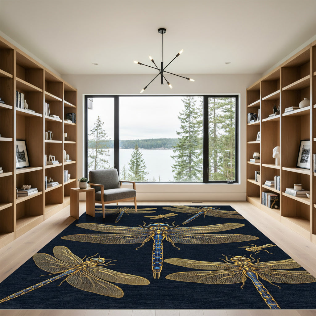 Golden Dragonfly Insects on Navy Background Rug