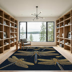 Golden Dragonfly Insects on Navy Background Rug
