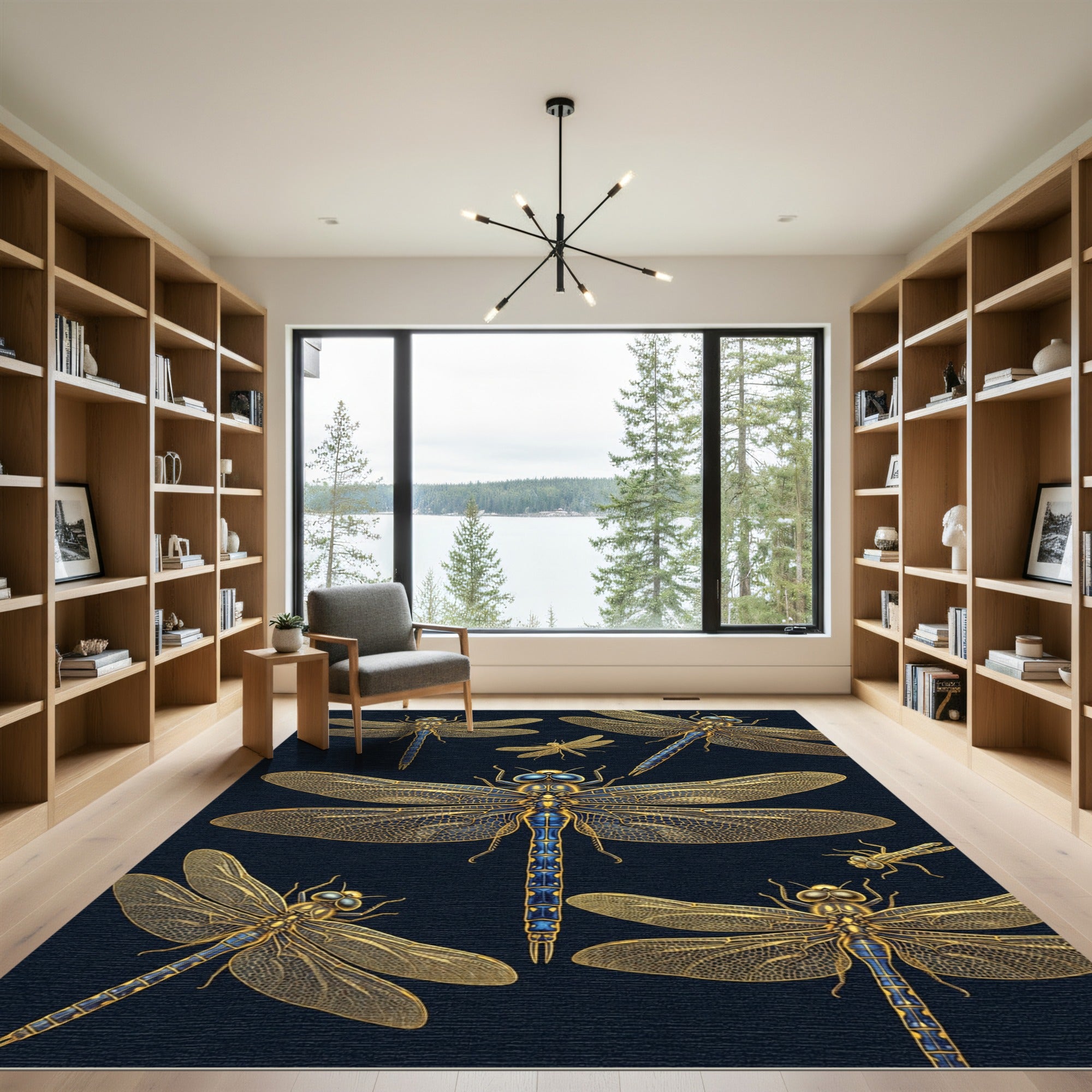 Golden Dragonfly Insects on Navy Background Rug