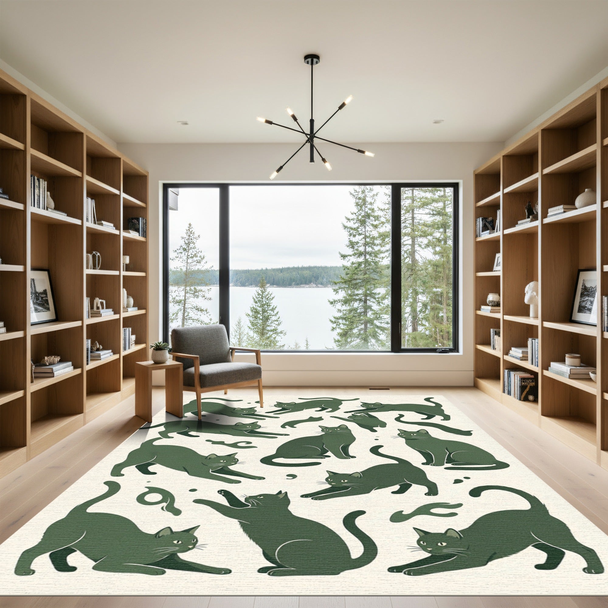 Whimsical Forest Green Stretching Cat Rug