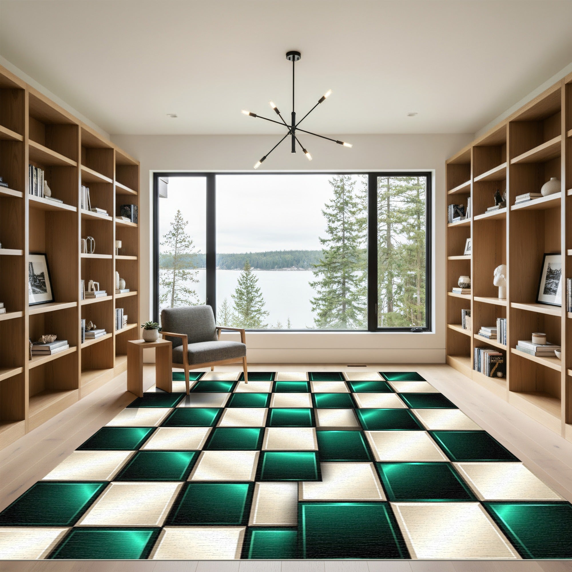 Emerald Cream Metallic Chessboard Rug