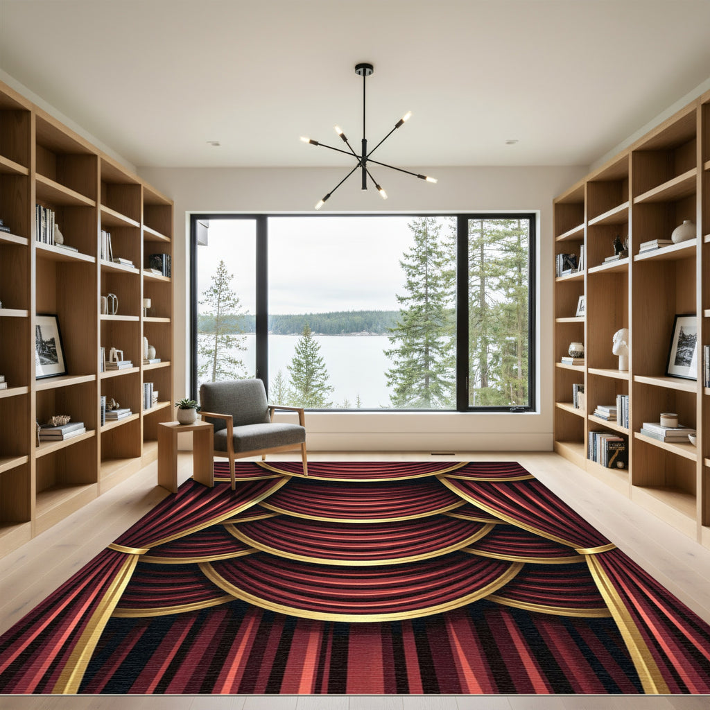 Regal Crimson Velvet Draped Theater Curtains Rug
