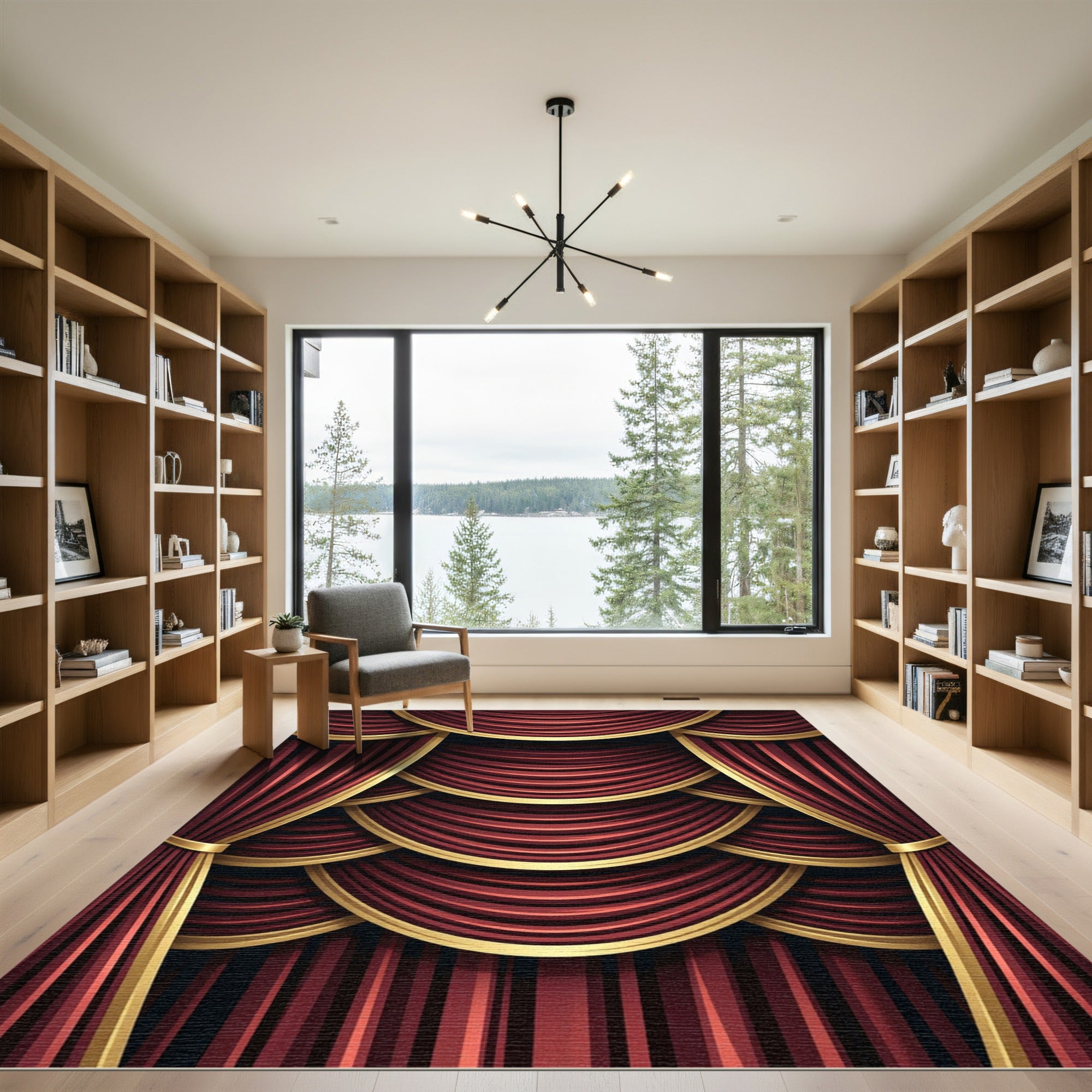 Regal Crimson Velvet Draped Theater Curtains Rug