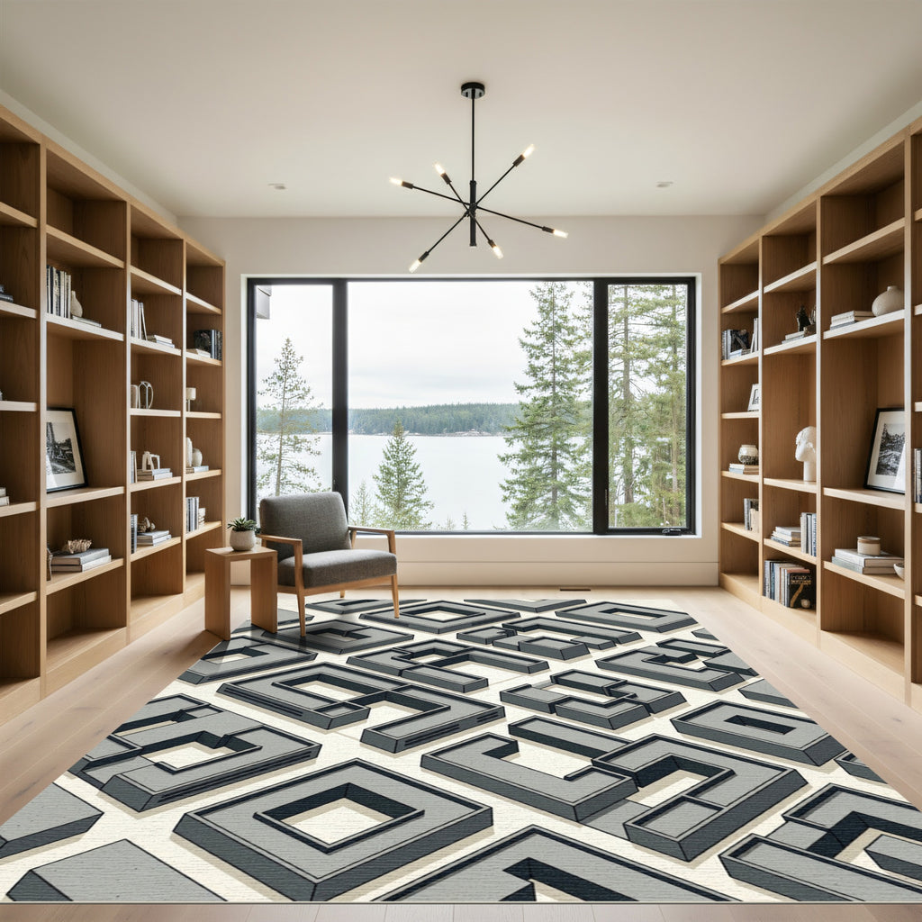 Minimalist Gray Isometric Maze Architecture Rug