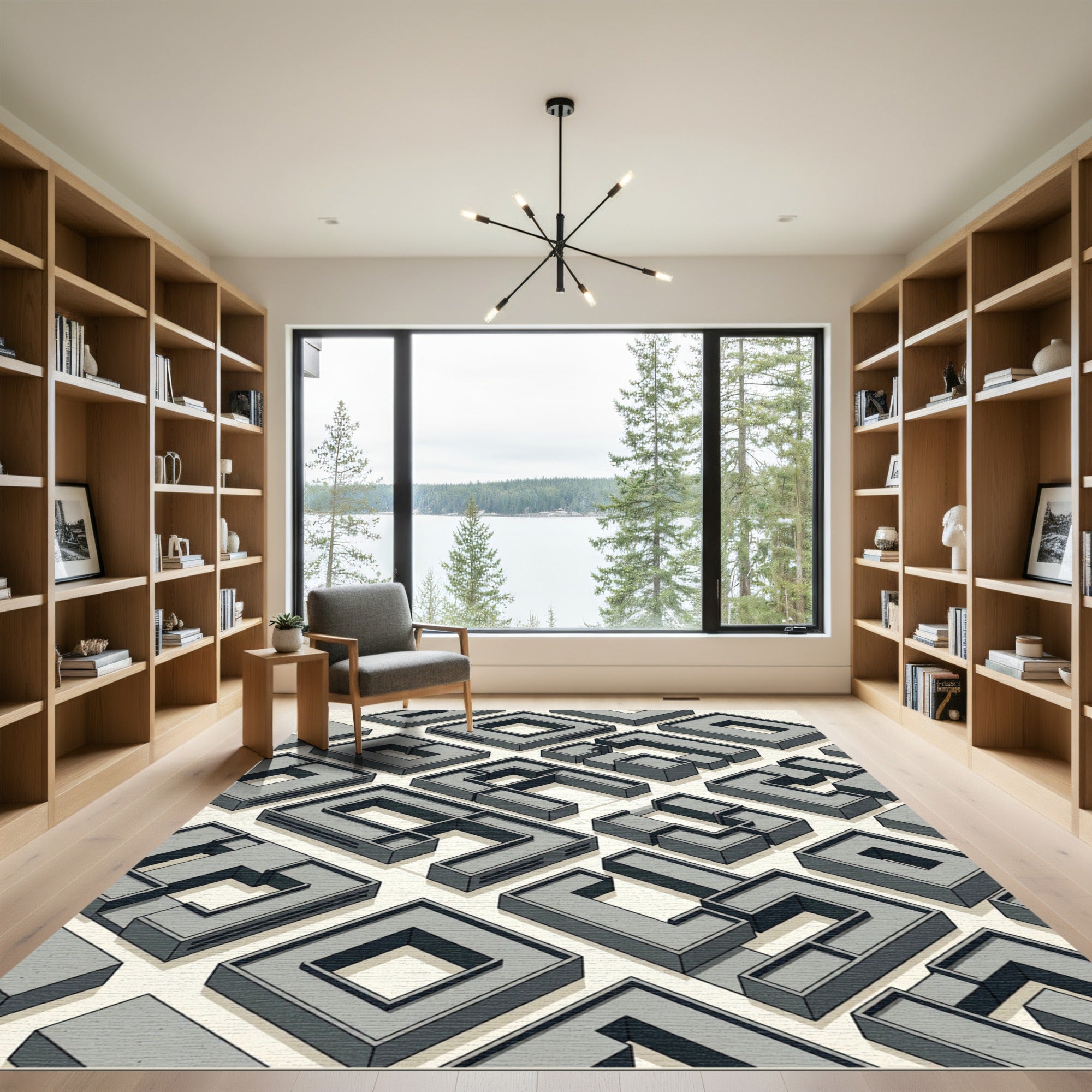 Minimalist Gray Isometric Maze Architecture Rug
